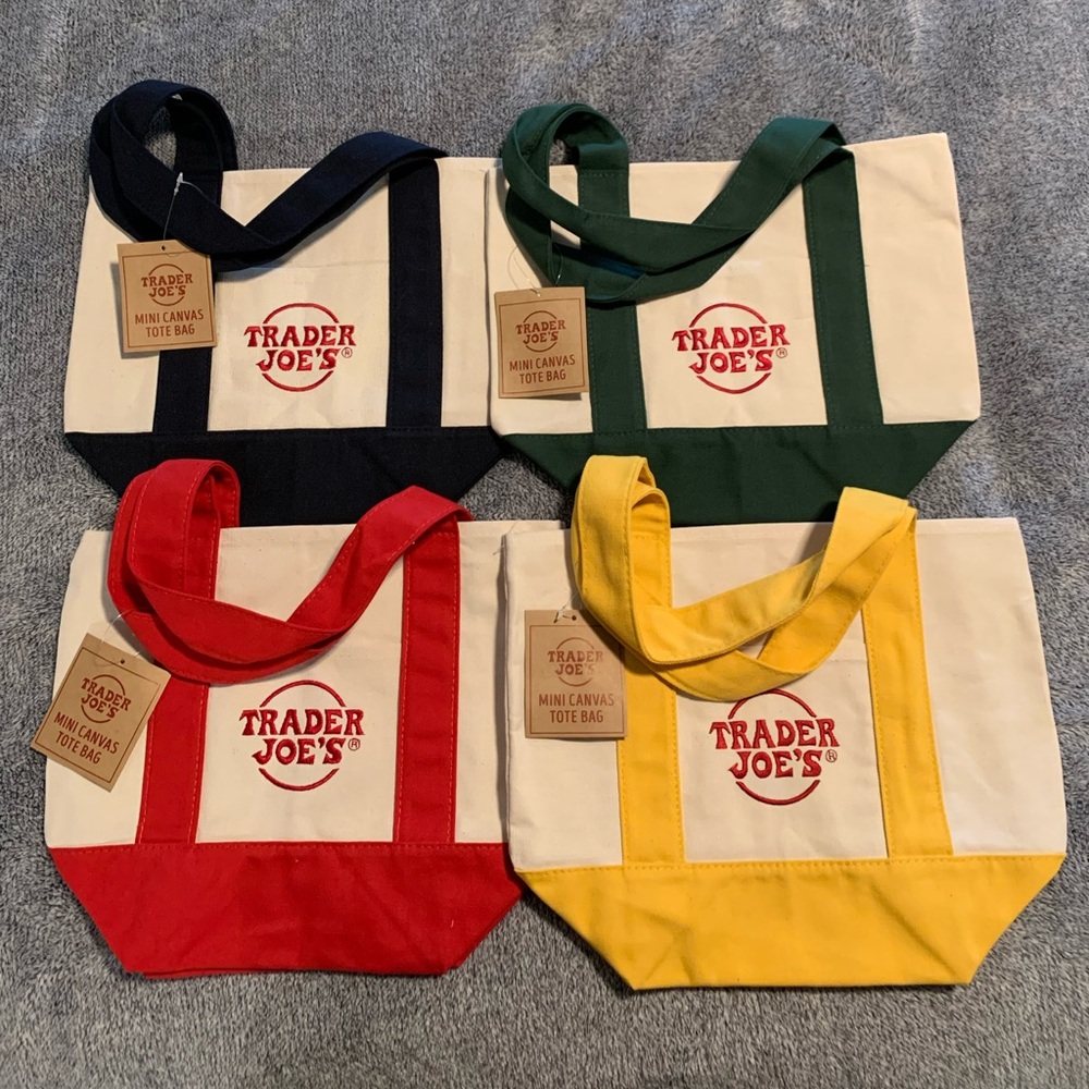 Trader Joe's Canvas Tote Bags Set NAVY GREEN RED YELLOW